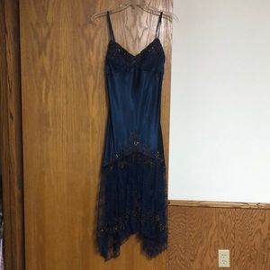 Xscape navy blue satin lace gold beaded cocktail dress. Size 4.